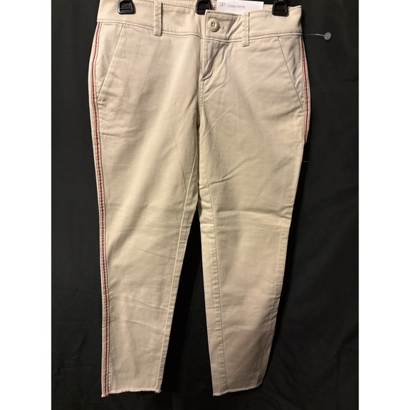Ann Taylor Pants - LOFT Cropped Pants Womens 0P Beige Red Side Stripe Raw Hem Ankle